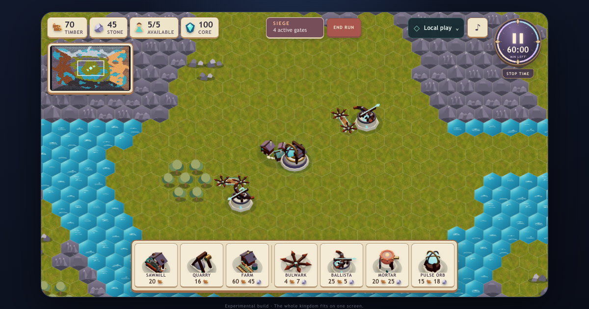 Actual Clockhold battlefield showing the building dock, resource counters, minimap and Timekeeper dial